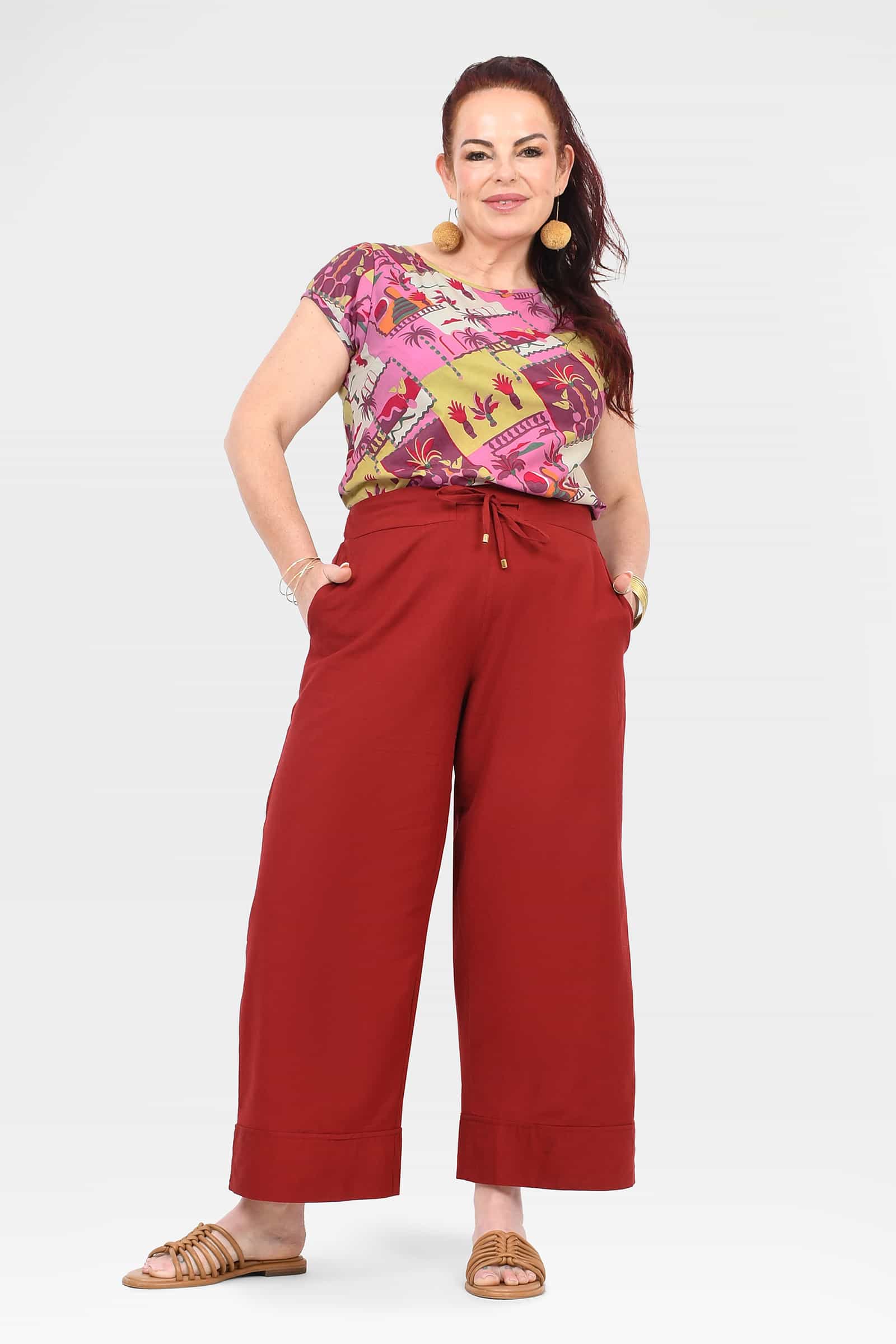 Dark red straight wide-leg cropped pants with drawstring waist