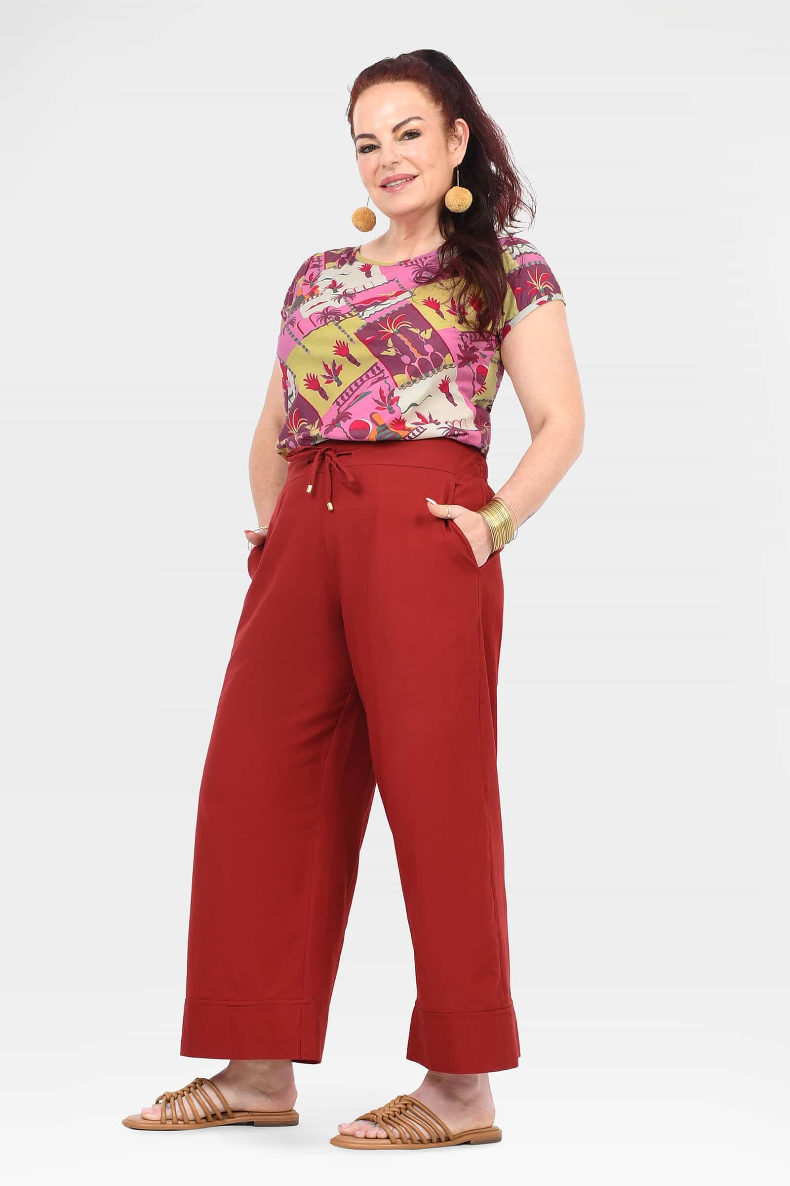 Dark red wide-leg cropped pants with front tie and relaxed fit