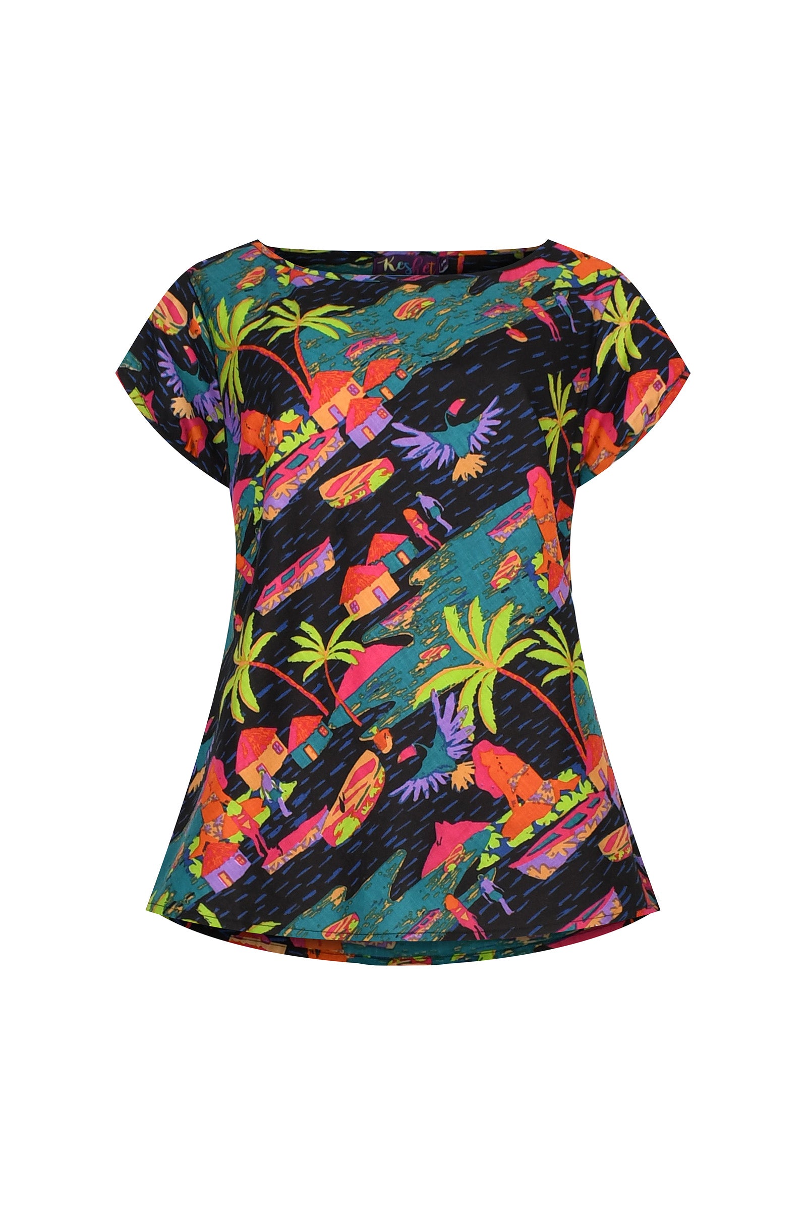 Teal and multicolor printed short-sleeve dress with tropical leaf and animal print