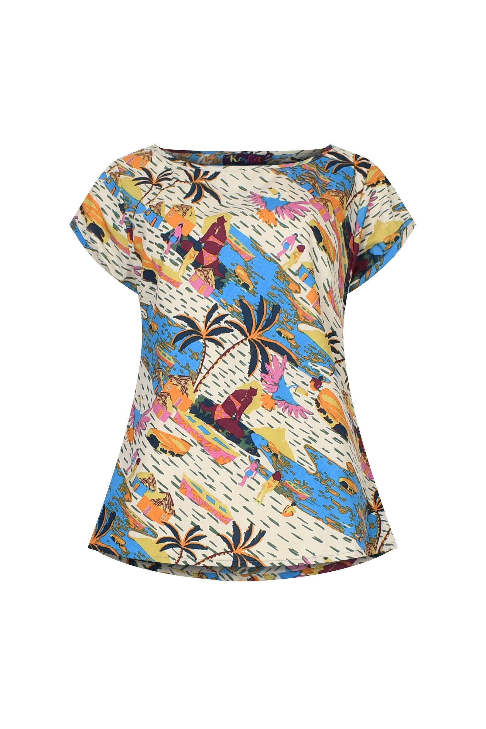 Cream and blue printed short-sleeve dress with colorful abstract jungle pattern