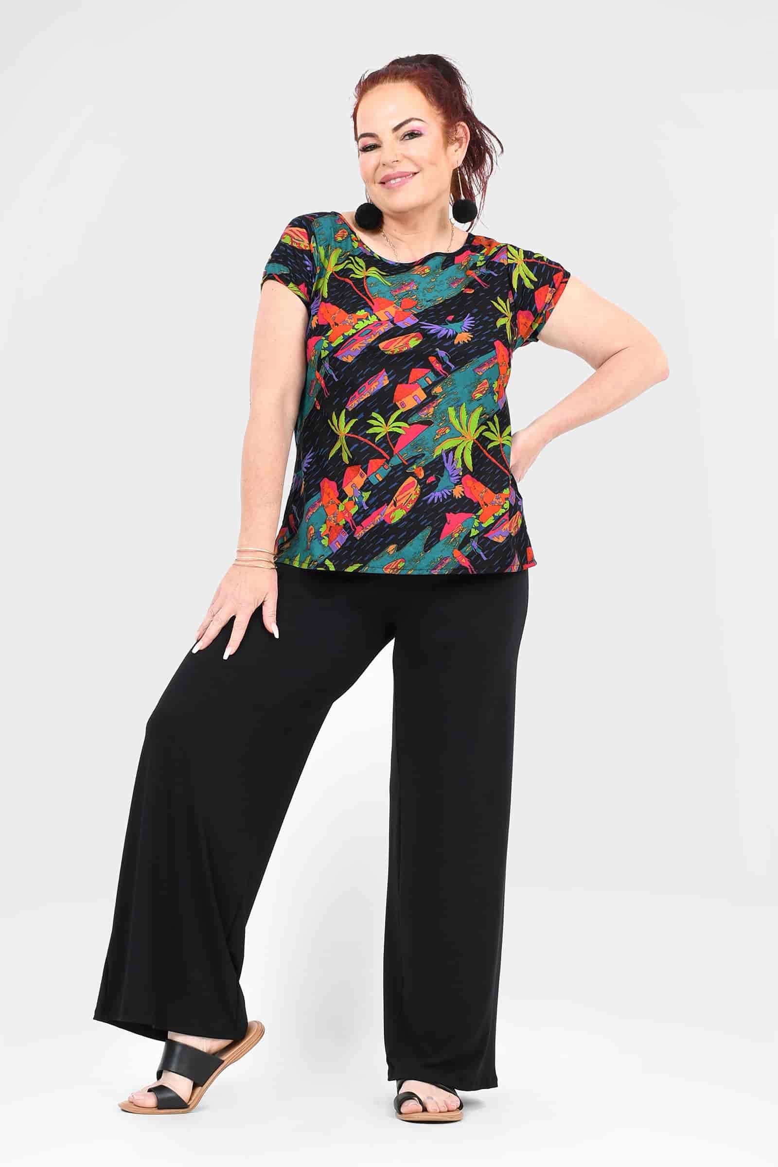 Black wide-leg pants with relaxed fit, shown in a side view