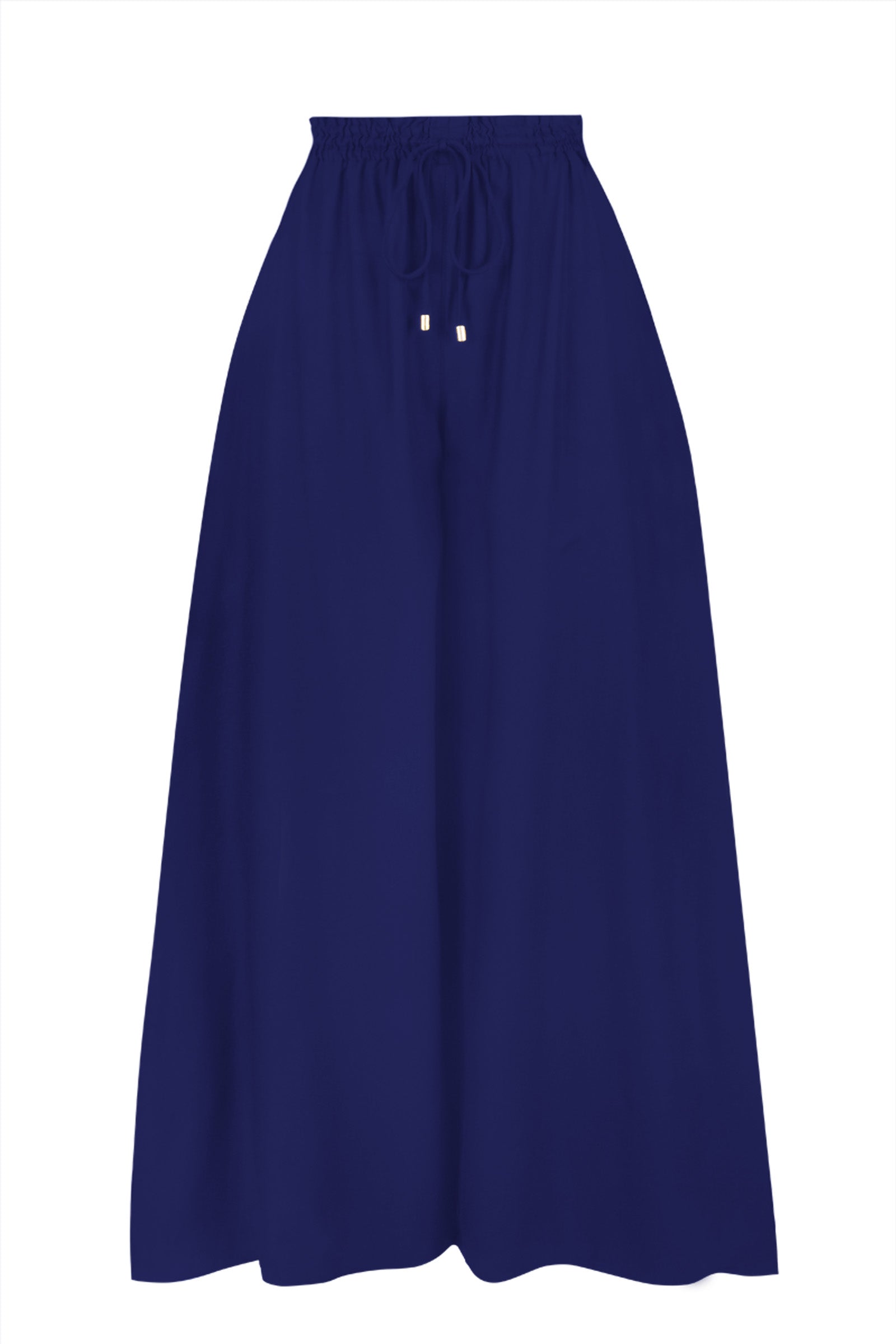 Dark blue wide-leg pants with elastic waist and small front button