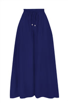 Dark blue wide-leg pants with elastic waist and small front button