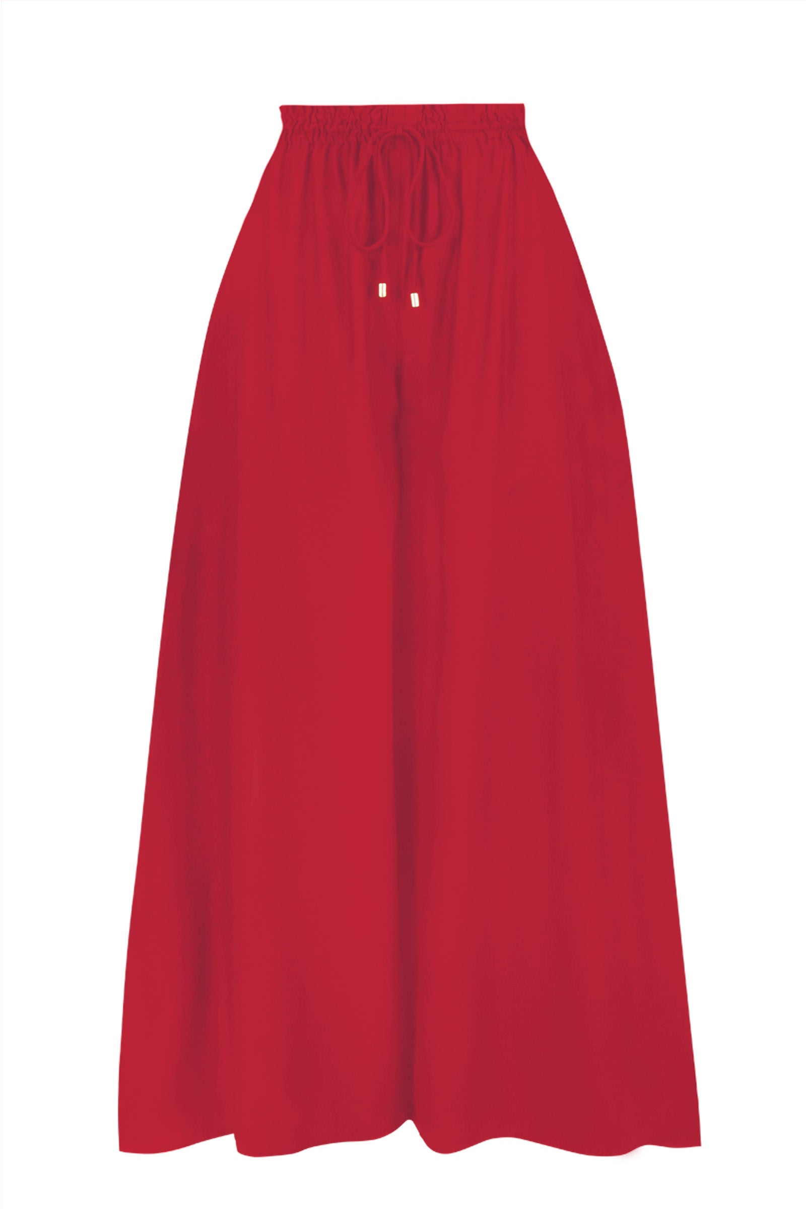 Dark red wide-leg pants with elastic waistband and gathered top