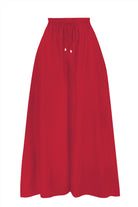 Dark red wide-leg pants with elastic waistband and gathered top