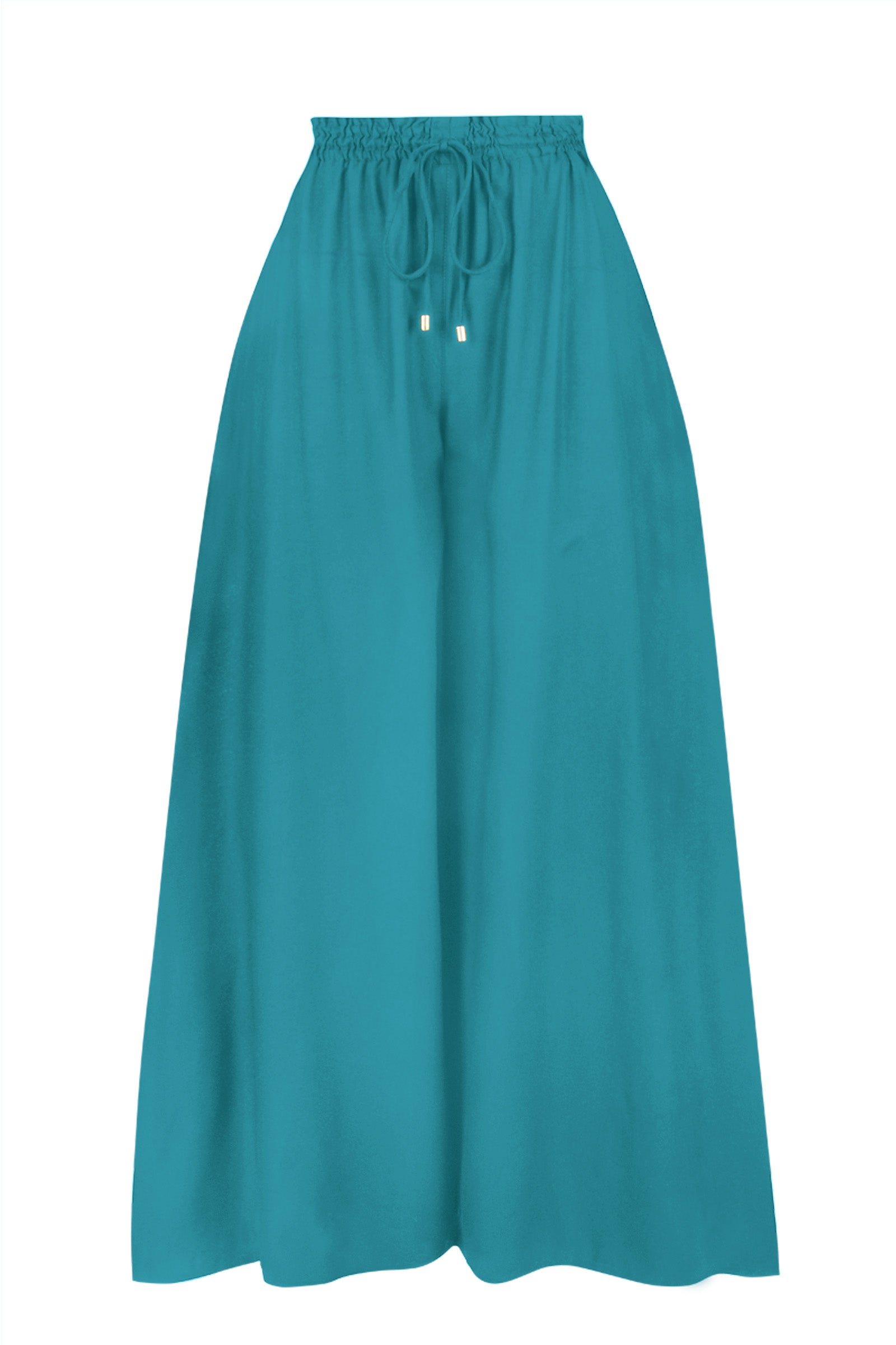 Eloise pants: teal elastic drawstring waist, wide A-line legs