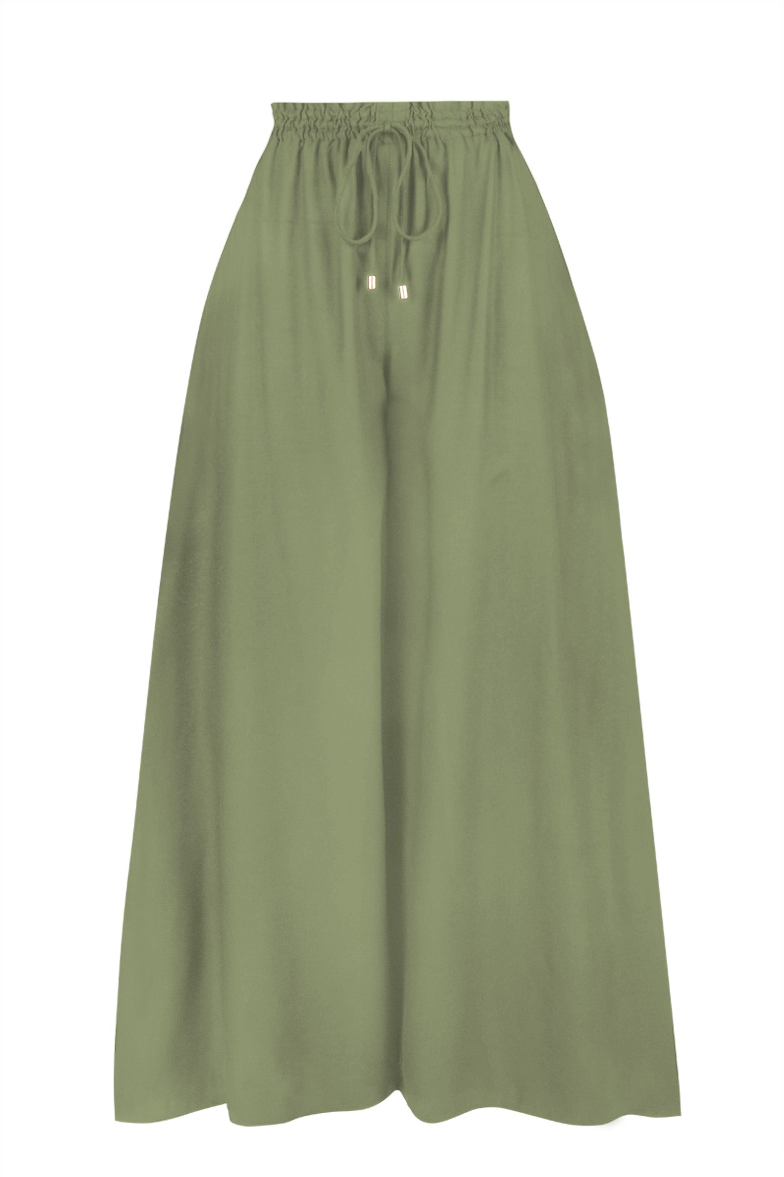 Pistachio green wide-leg pants with elastic waist and drawstring, relaxed full length