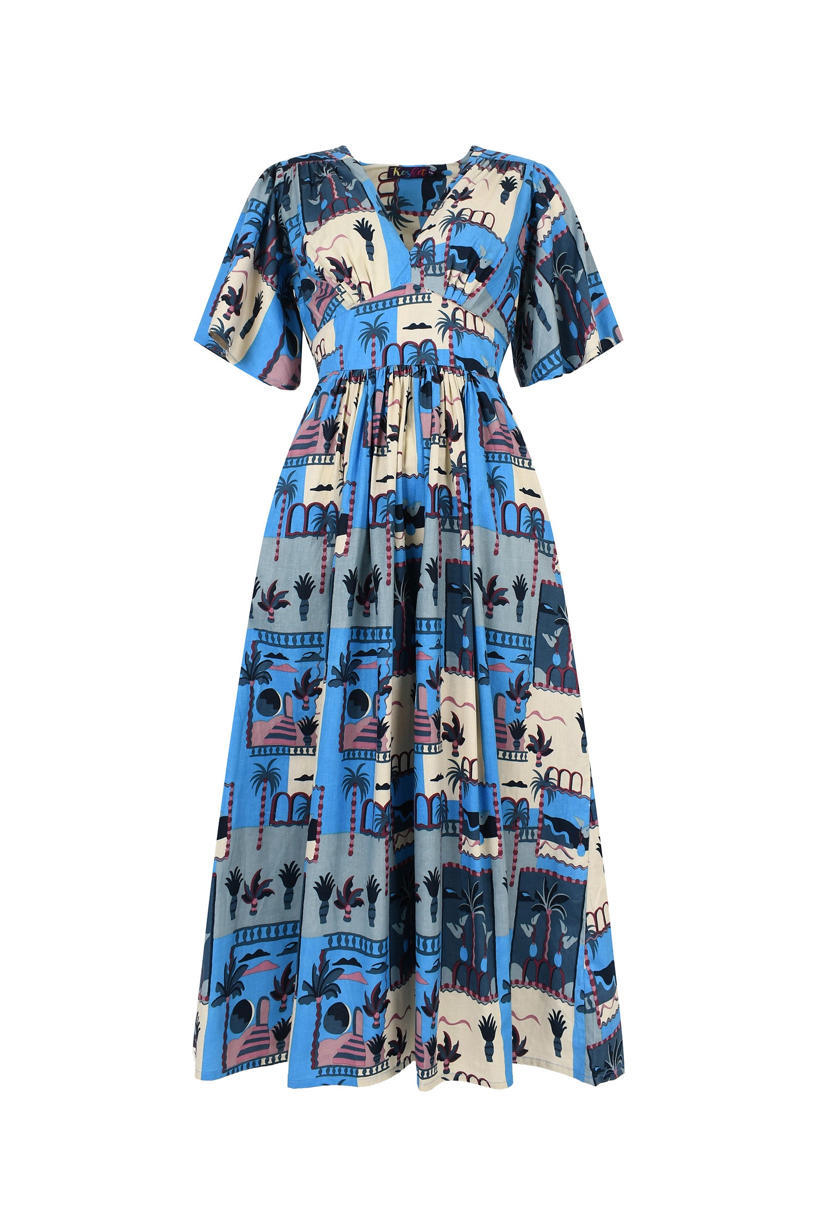 Printed midi dress with V-neck, short sleeves, gathered waist; blue cityscape print