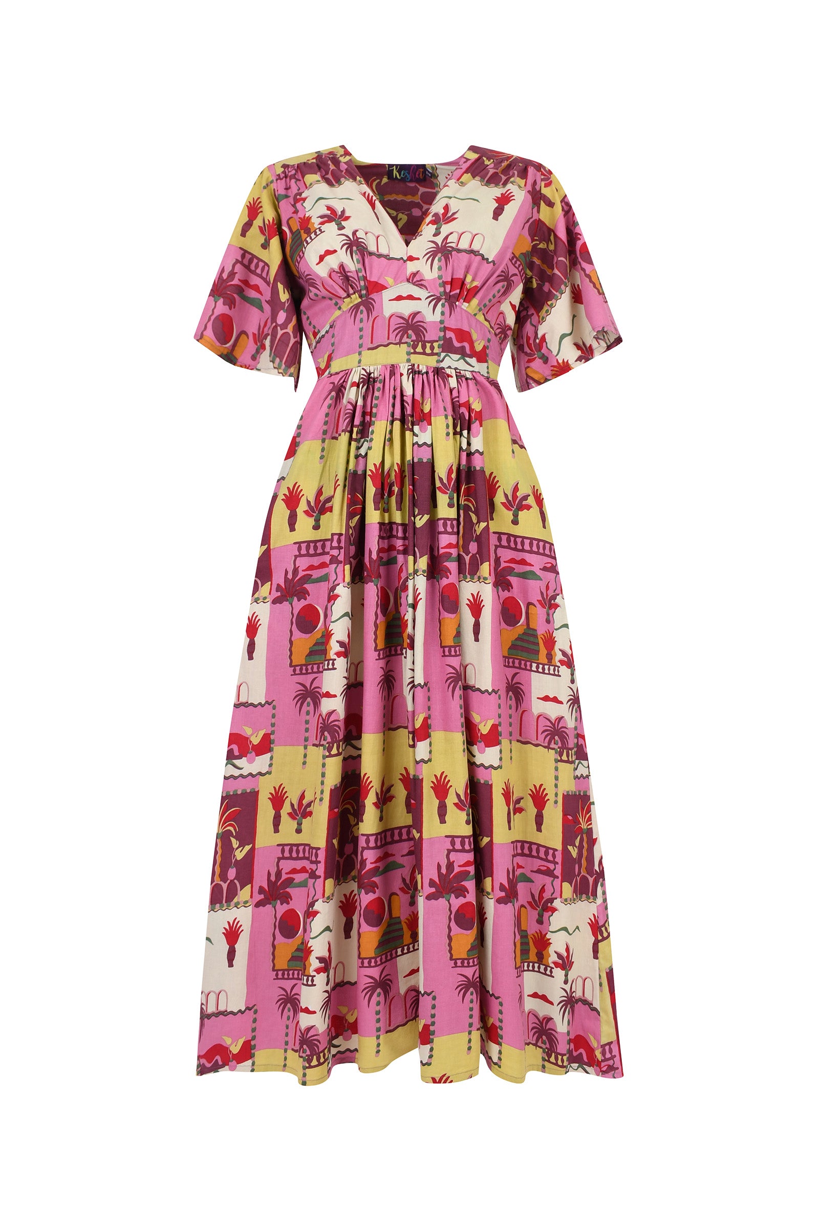 Printed midi dress with V-neck, short sleeves, gathered waist; pink tropical print