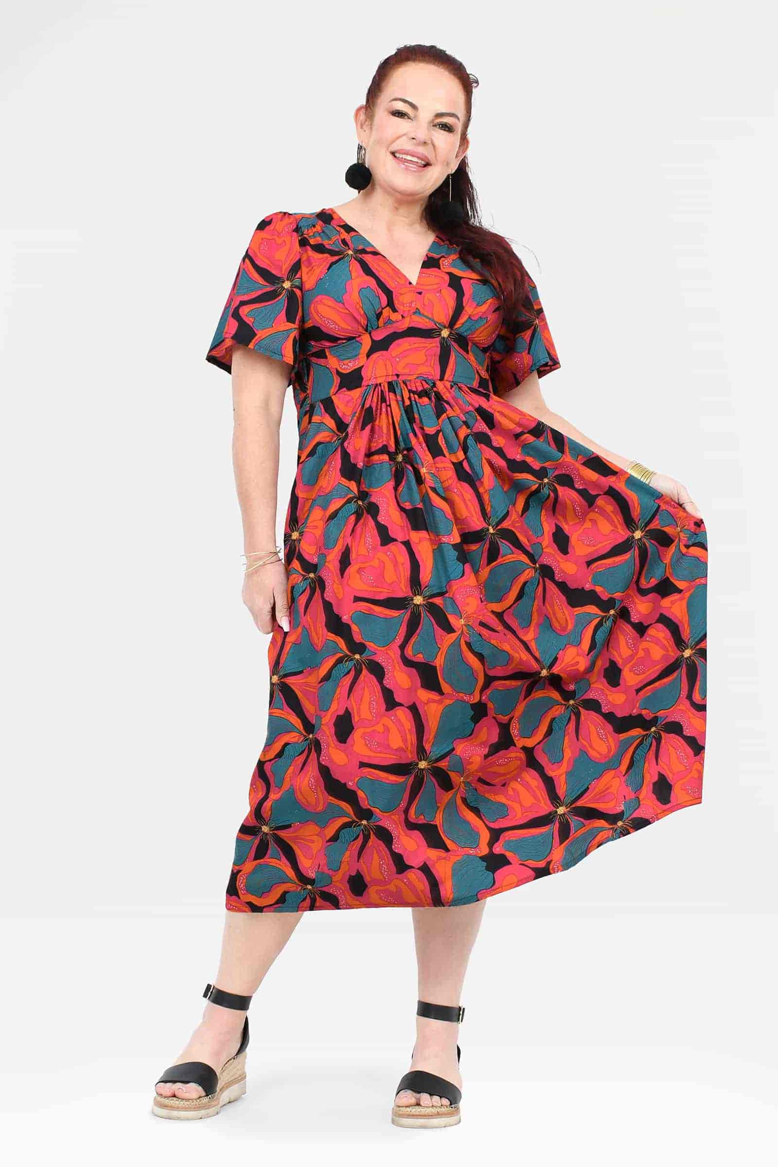Midi dress in bright abstract floral print with V-neck and gathered waist detail