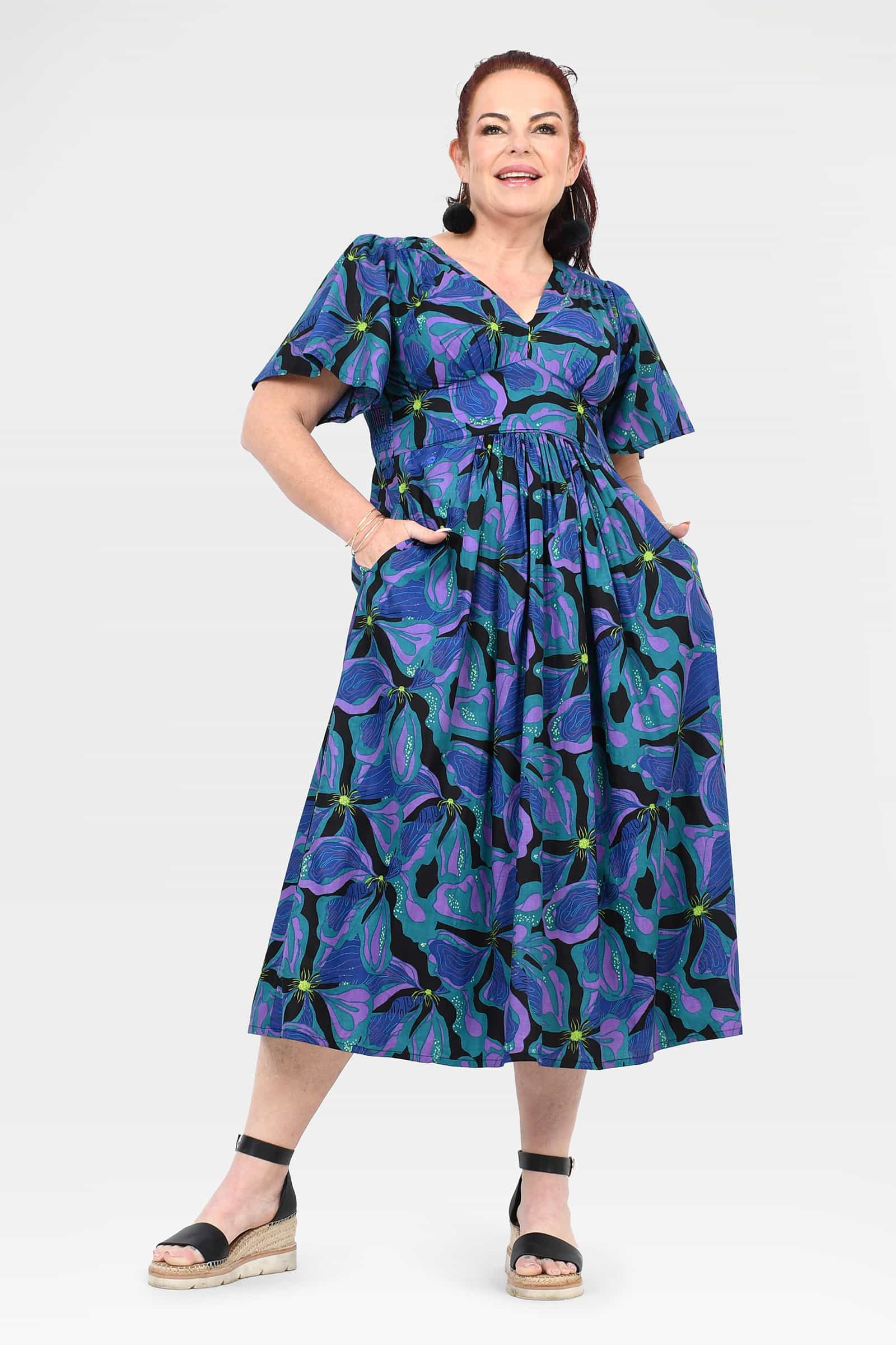 Teal and purple abstract-print midi dress, short sleeves, gathered waist