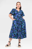 Teal and purple abstract-print midi dress, short sleeves, gathered waist