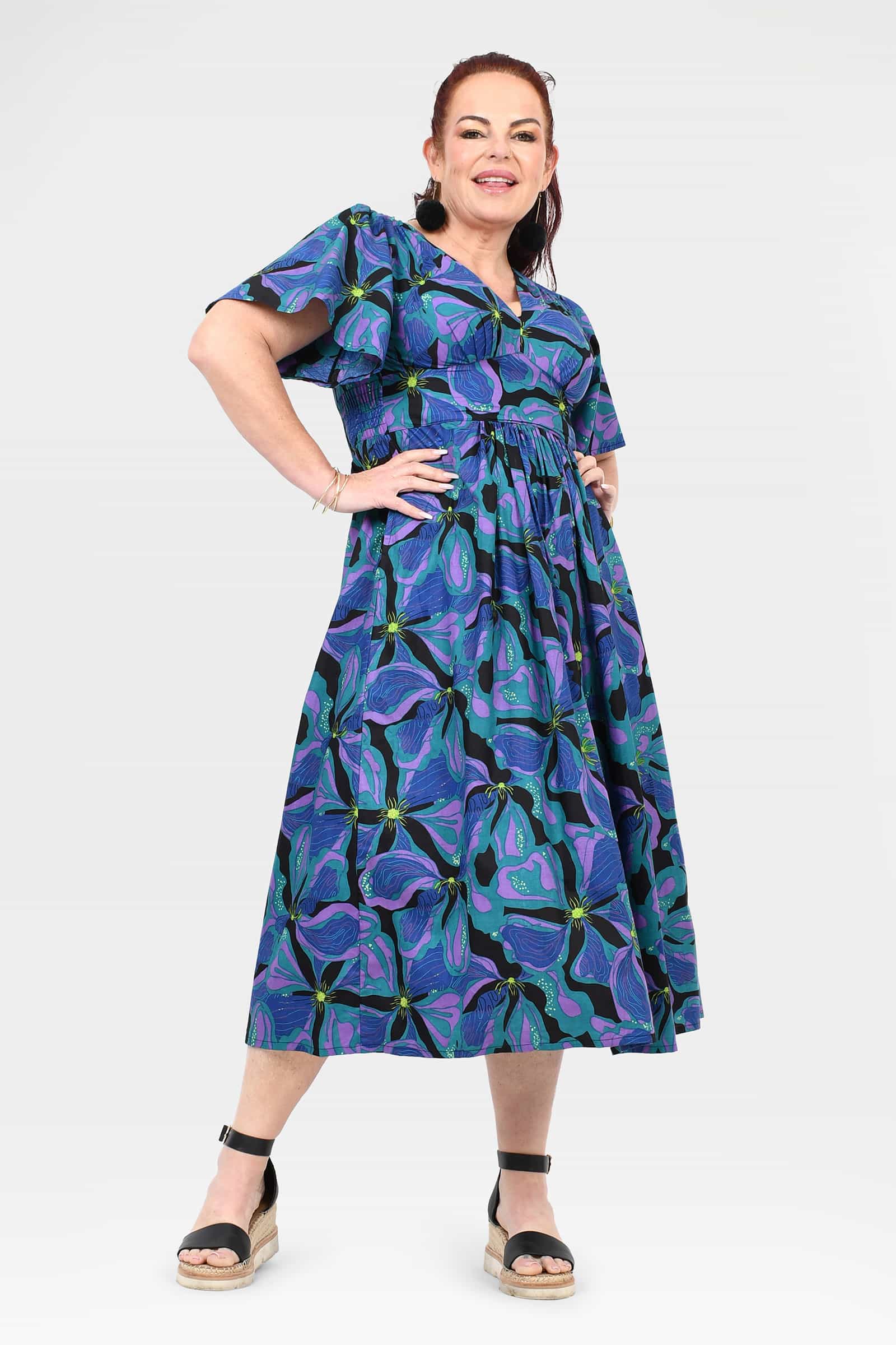 Teal and purple abstract-print midi dress, short sleeves, tiered gathered skirt