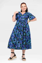Teal and purple abstract-print midi dress, V-neck, short sleeves, gathered waist