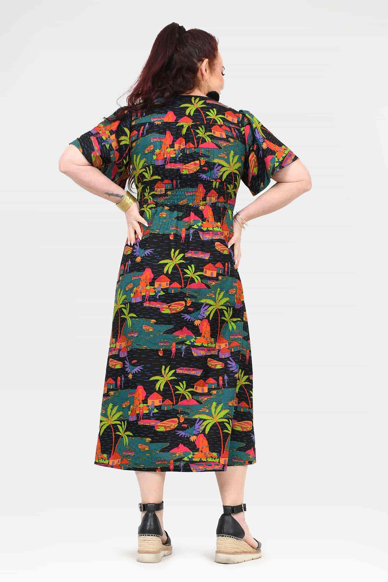 Printed midi dress back view with short sleeves and gathered waist, tropical palm print