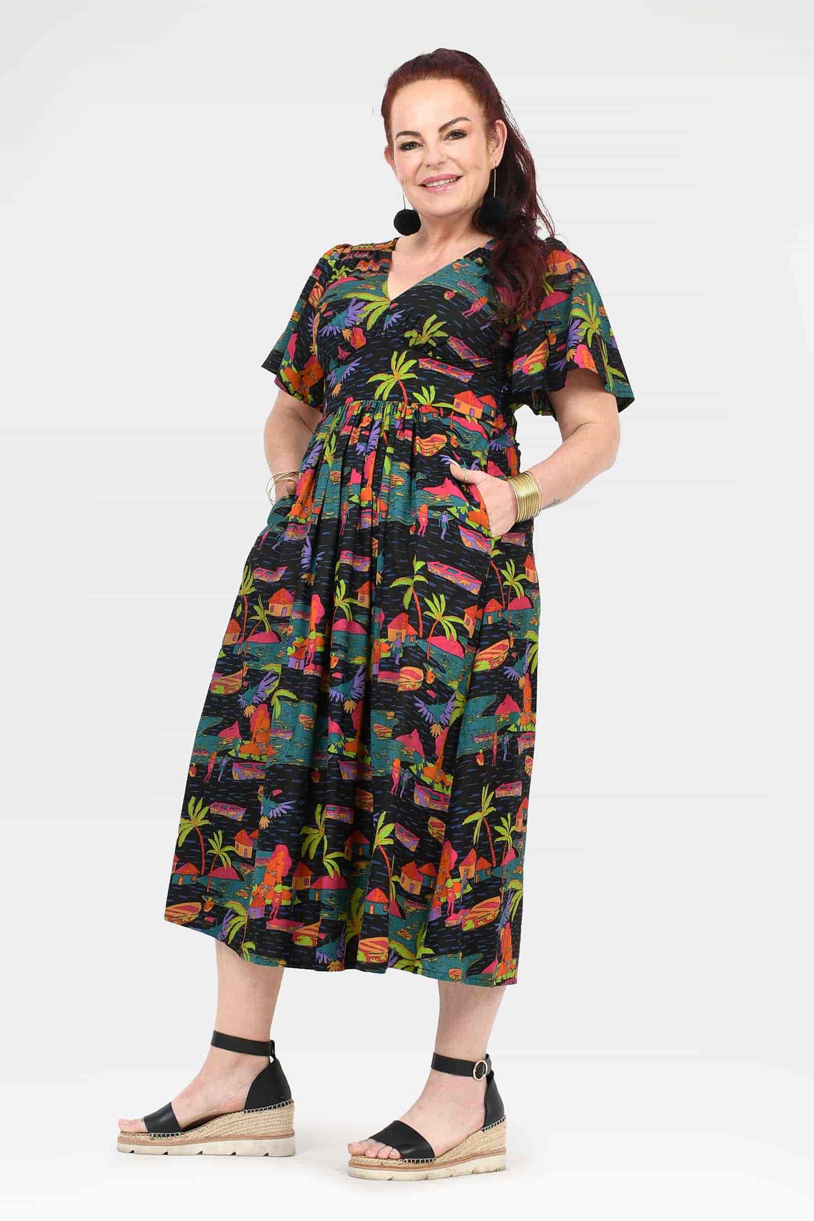 Printed midi dress with V-neck, short sleeves, and gathered waist in tropical palm print