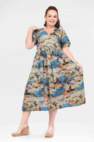 Colorful printed midi dress with V-neck, short flutter sleeves, gathered waist