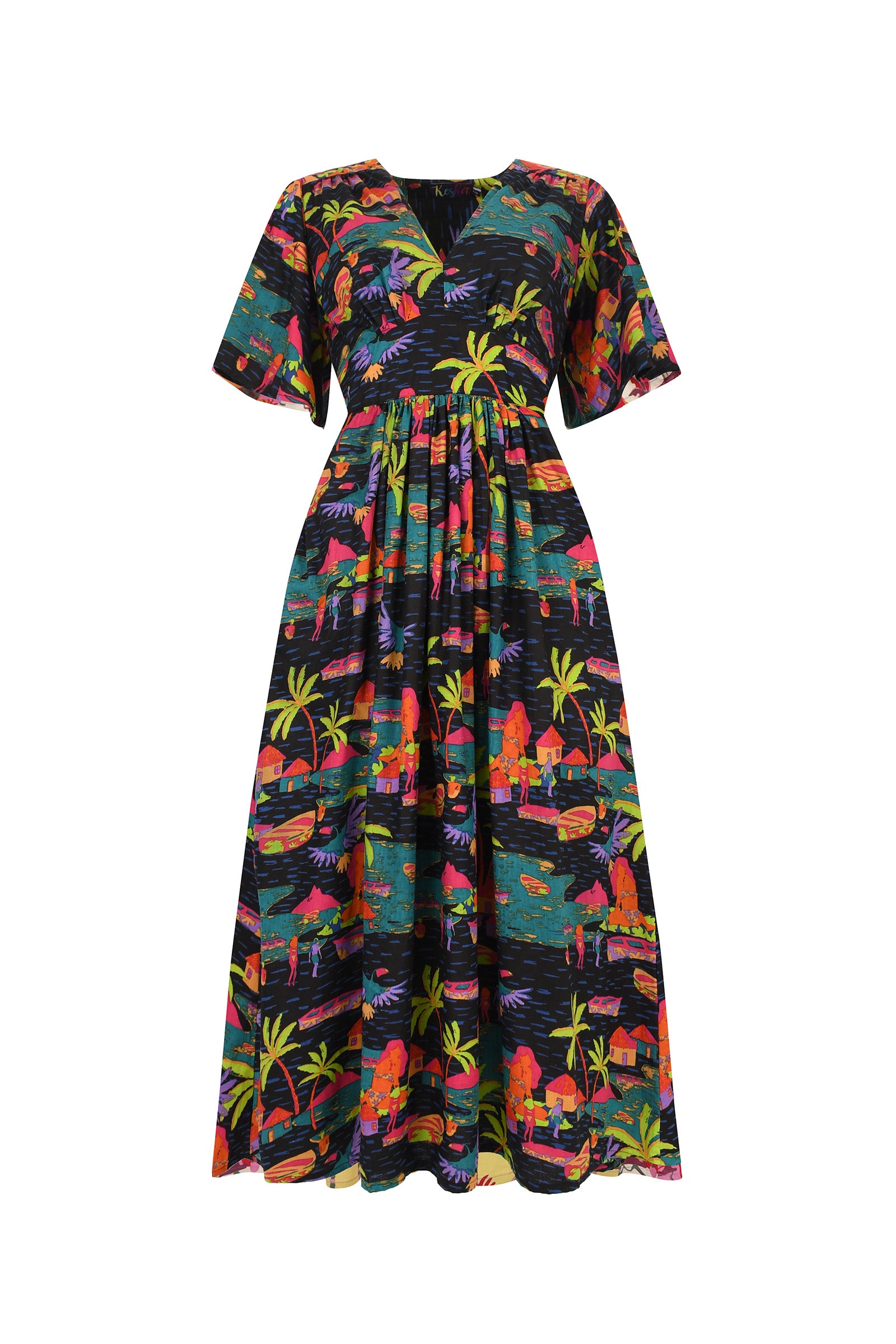Printed midi dress with V-neck, short sleeves, gathered waist; black tropical jungle print