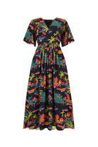 Printed midi dress with V-neck, short sleeves, gathered waist; black tropical jungle print