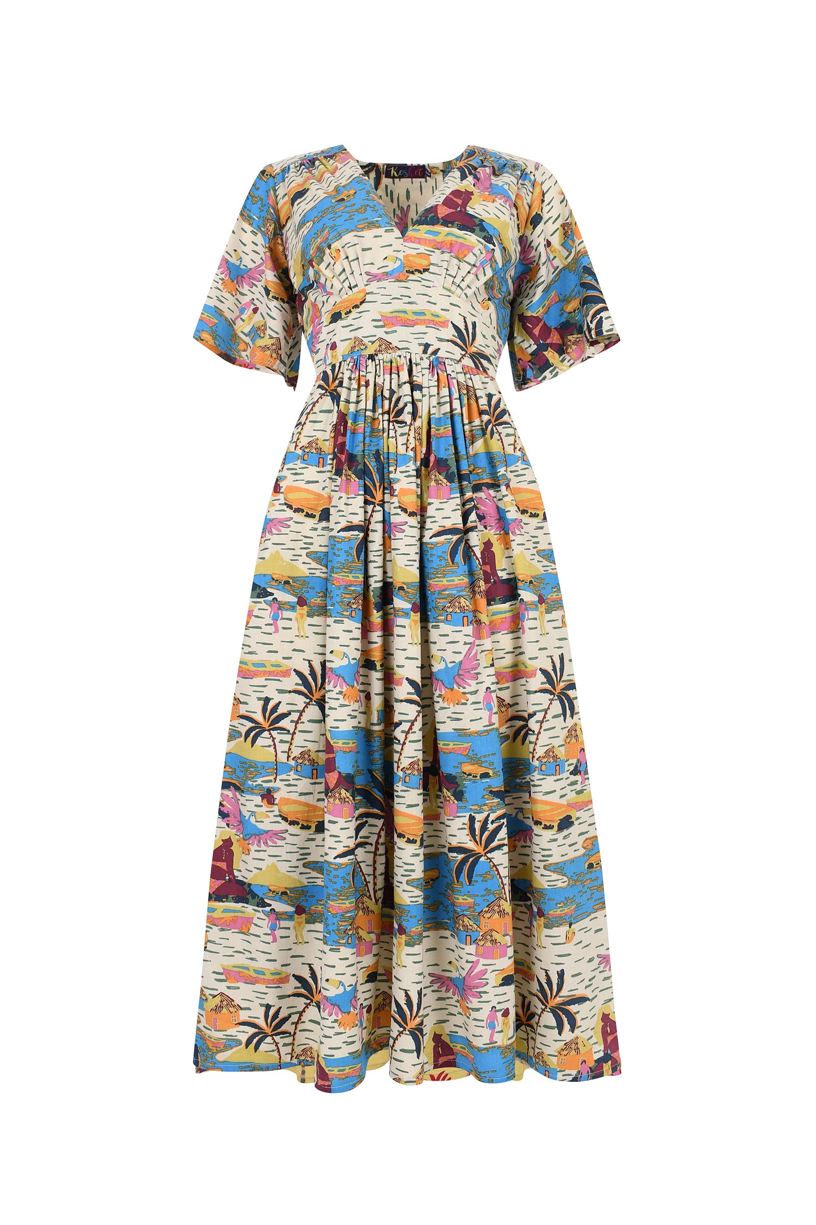 Printed midi dress with V-neck, short sleeves, gathered waist; white multicolor city print