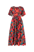 Printed midi dress with V-neck, short sleeves, gathered waist; coral and teal floral print
