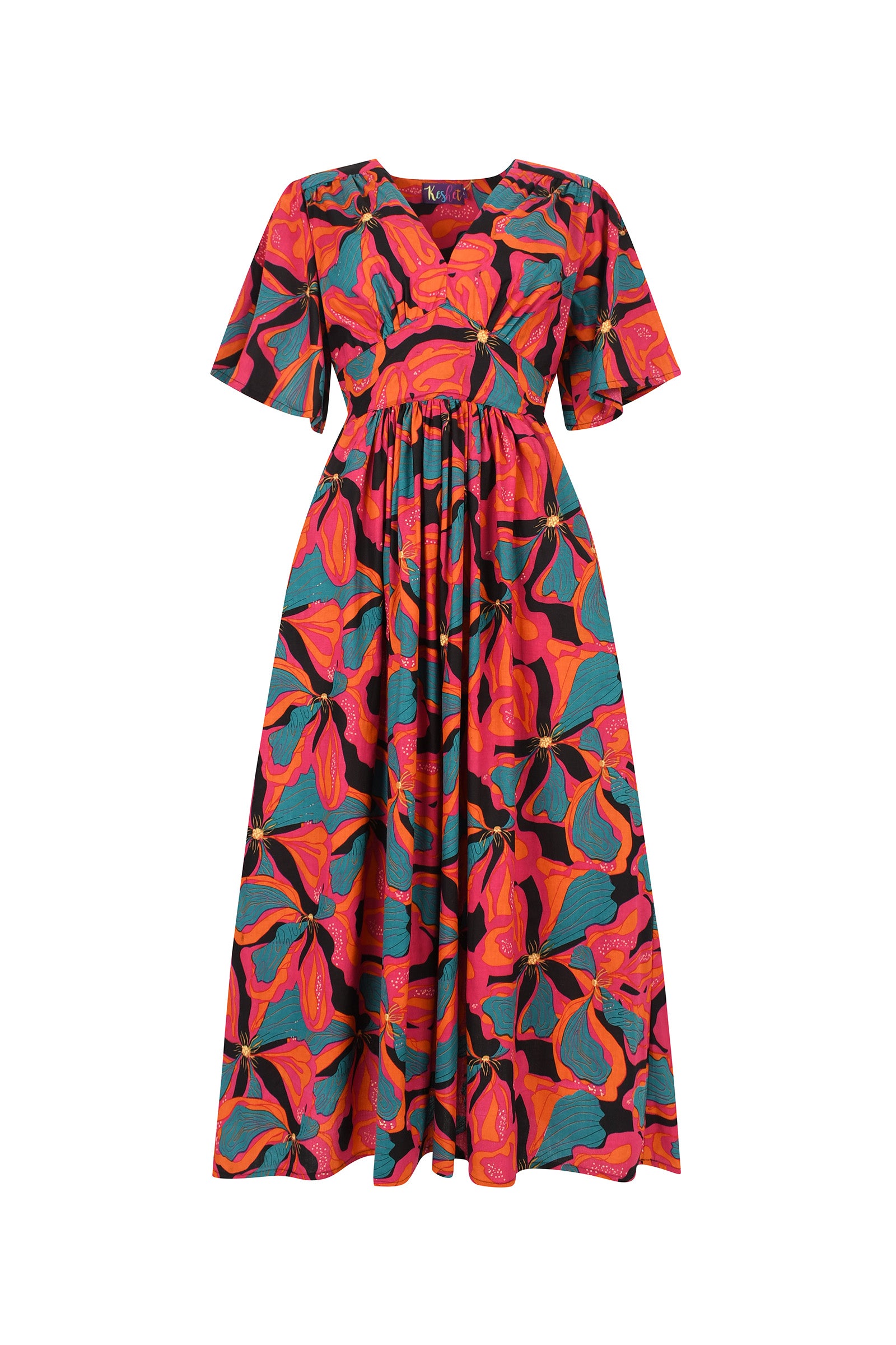 Printed midi dress with V-neck, short sleeves, gathered waist; coral and teal floral print