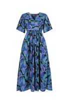 Printed midi dress with V-neck, short sleeves, gathered waist; purple and teal leaf print