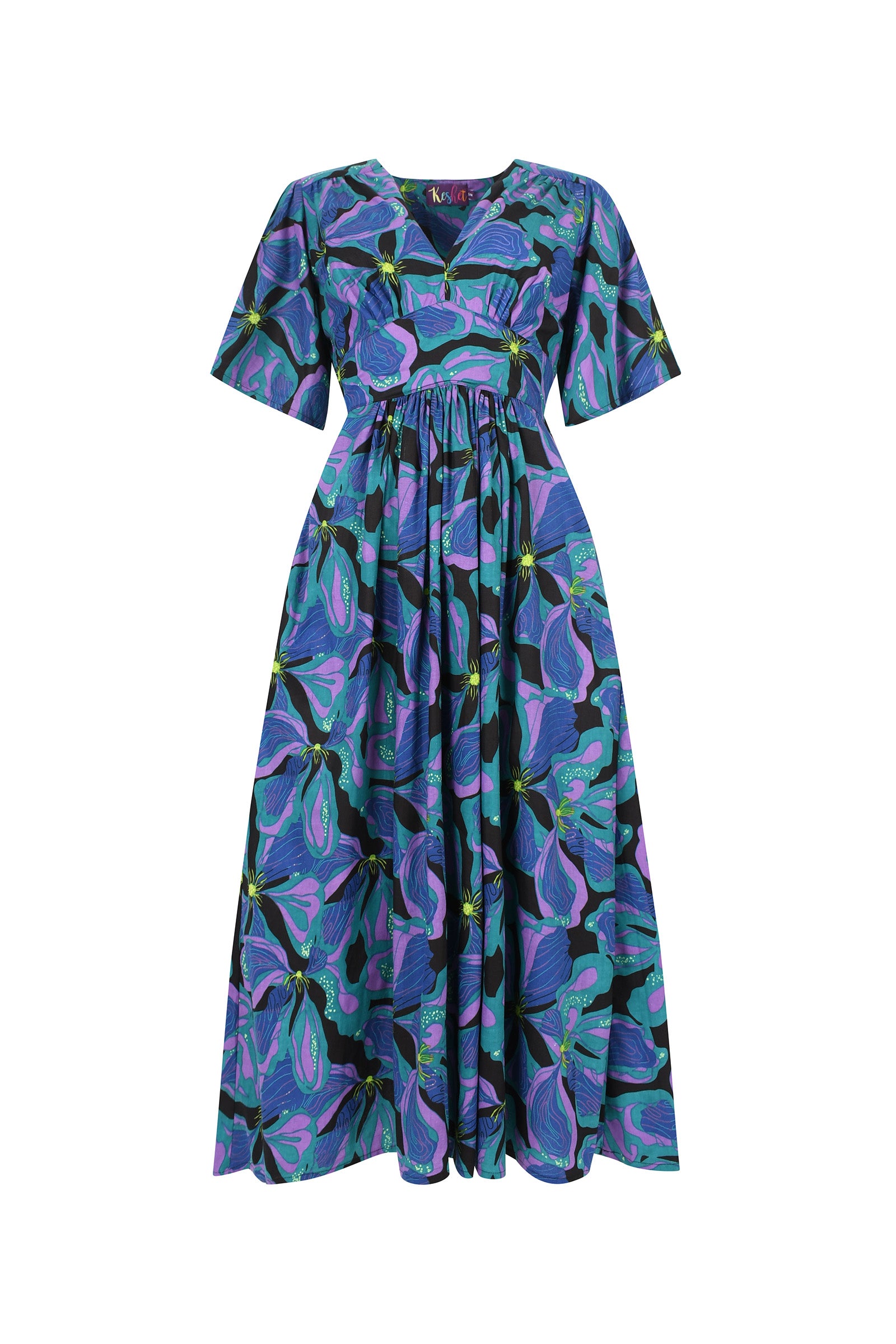 Printed midi dress with V-neck, short sleeves, gathered waist; purple and teal leaf print