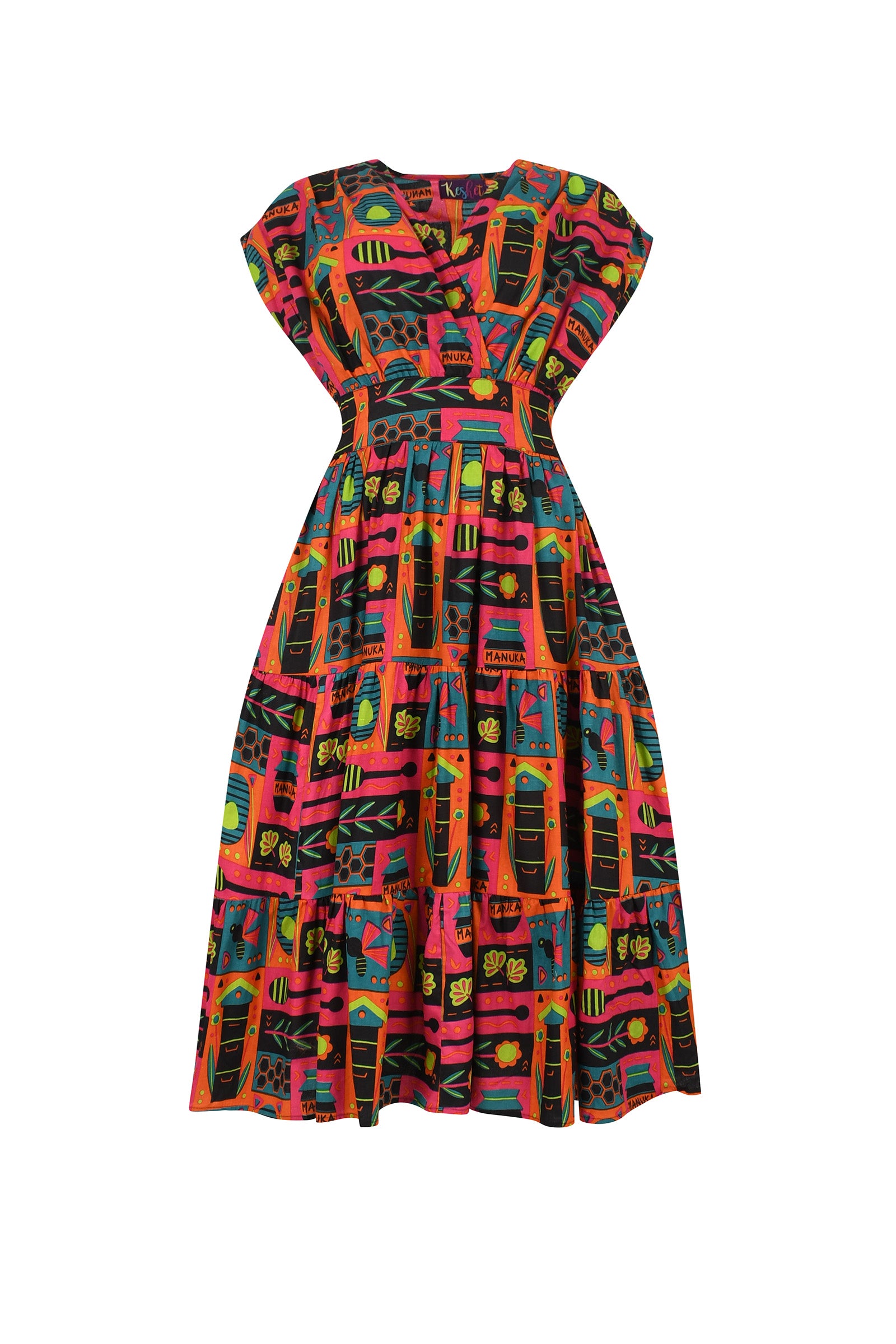 Bright multicolor printed midi dress with short sleeves and gathered waist