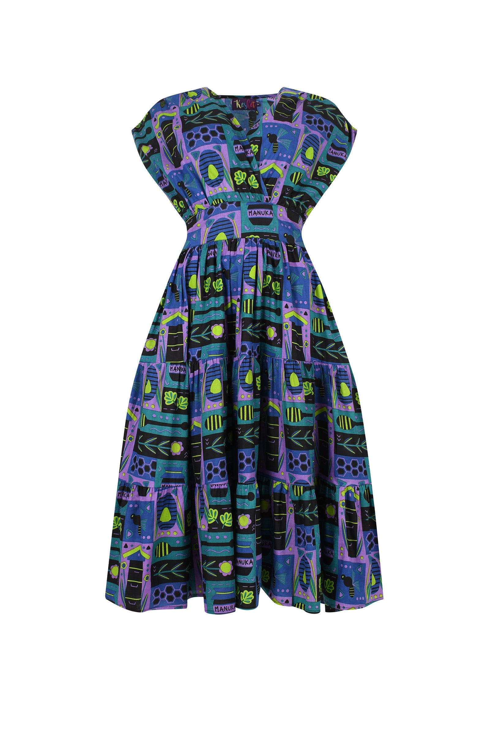 Purple and green printed midi dress with short sleeves, gathered waist