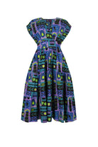 Purple and green printed midi dress with short sleeves, gathered waist