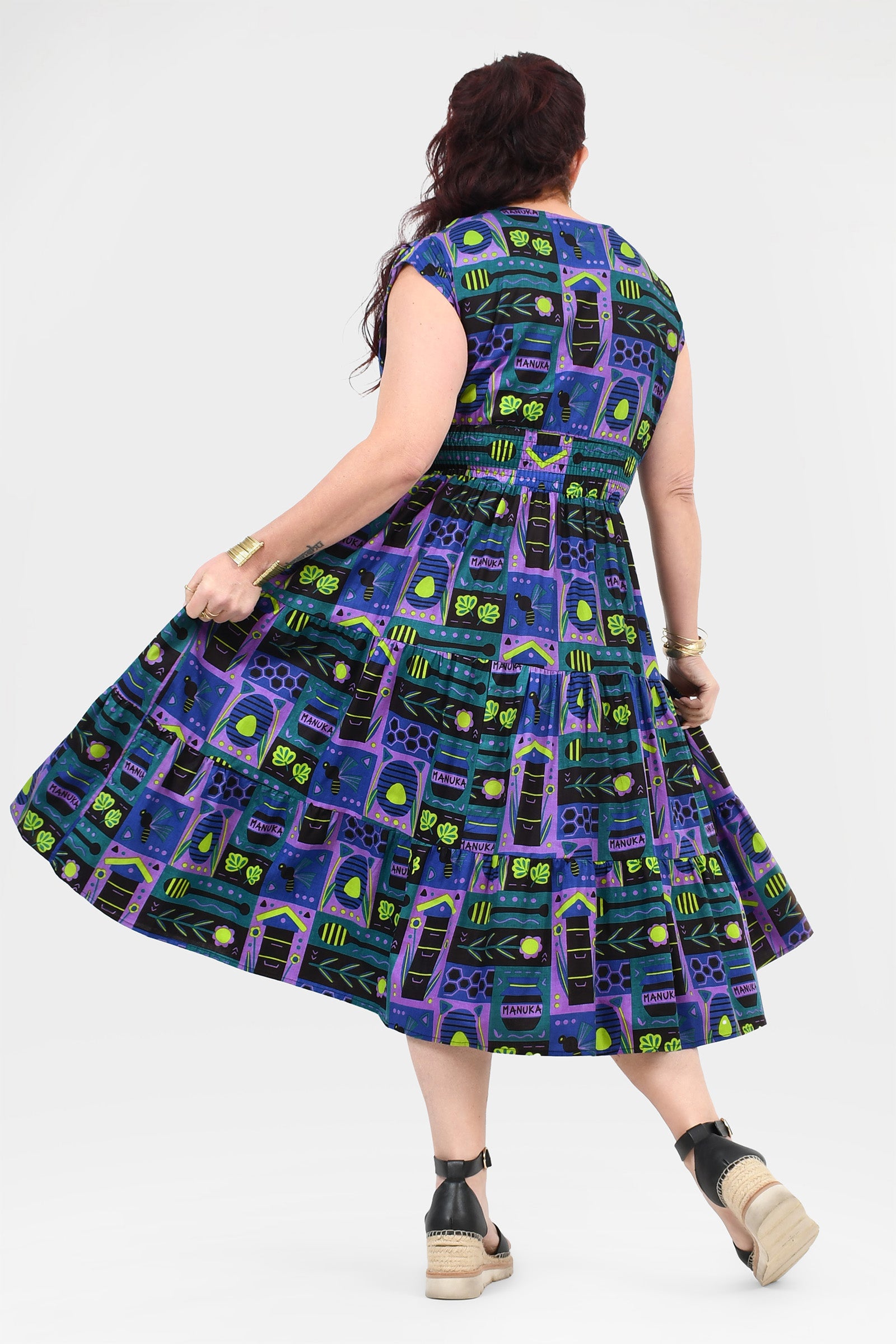 Multicolor printed midi dress, sleeveless tiered skirt with A-line flare, back view