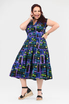 Multicolor printed midi dress, sleeveless with gathered waist and pleated A-line skirt