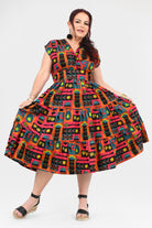 Pink multicolor printed midi dress with short sleeves, gathered skirt, belted waist