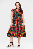Multicolor printed midi dress with belt tie waist and flared skirt, short sleeves