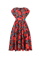 Pink and teal printed midi dress with short sleeves and gathered waist