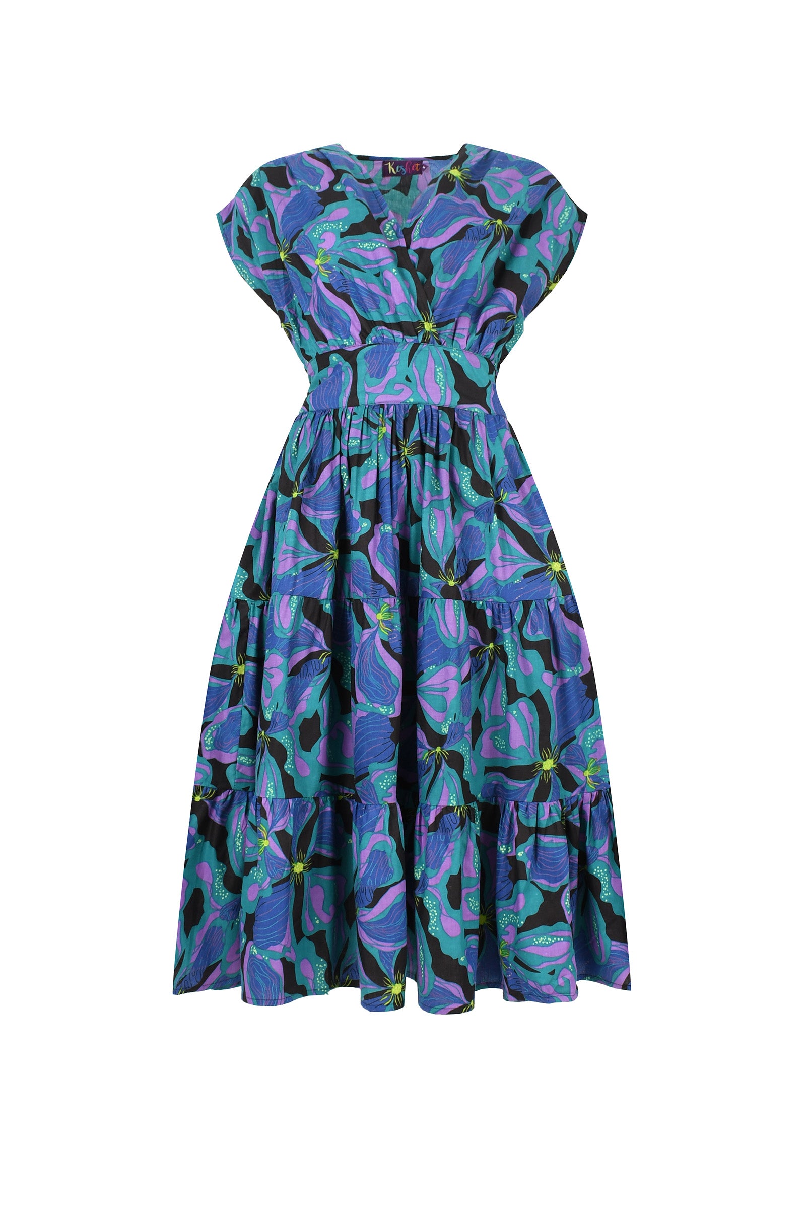 Blue and green printed midi dress with short sleeves, gathered waist