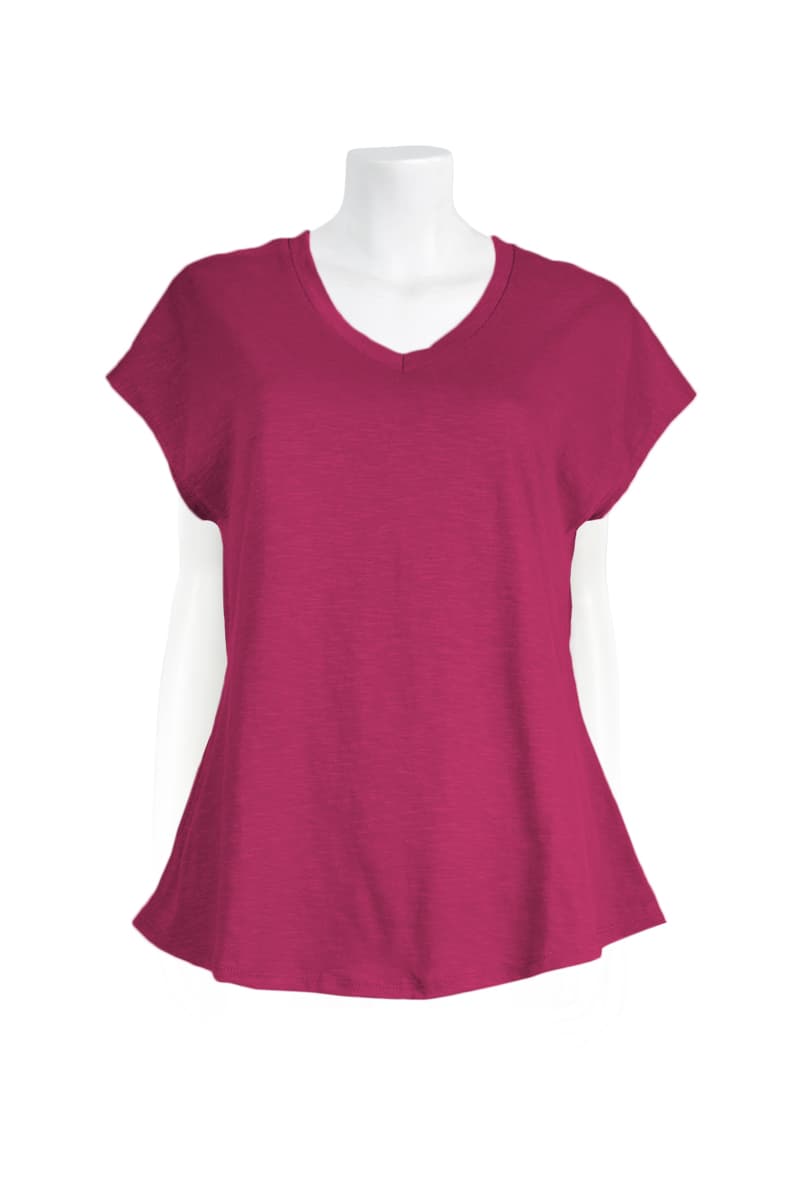 Fuchsia short-sleeve V-neck tee with curved hem