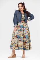 Multicolor tropical print sleeveless maxi dress with tiered A-line skirt and scoop neck