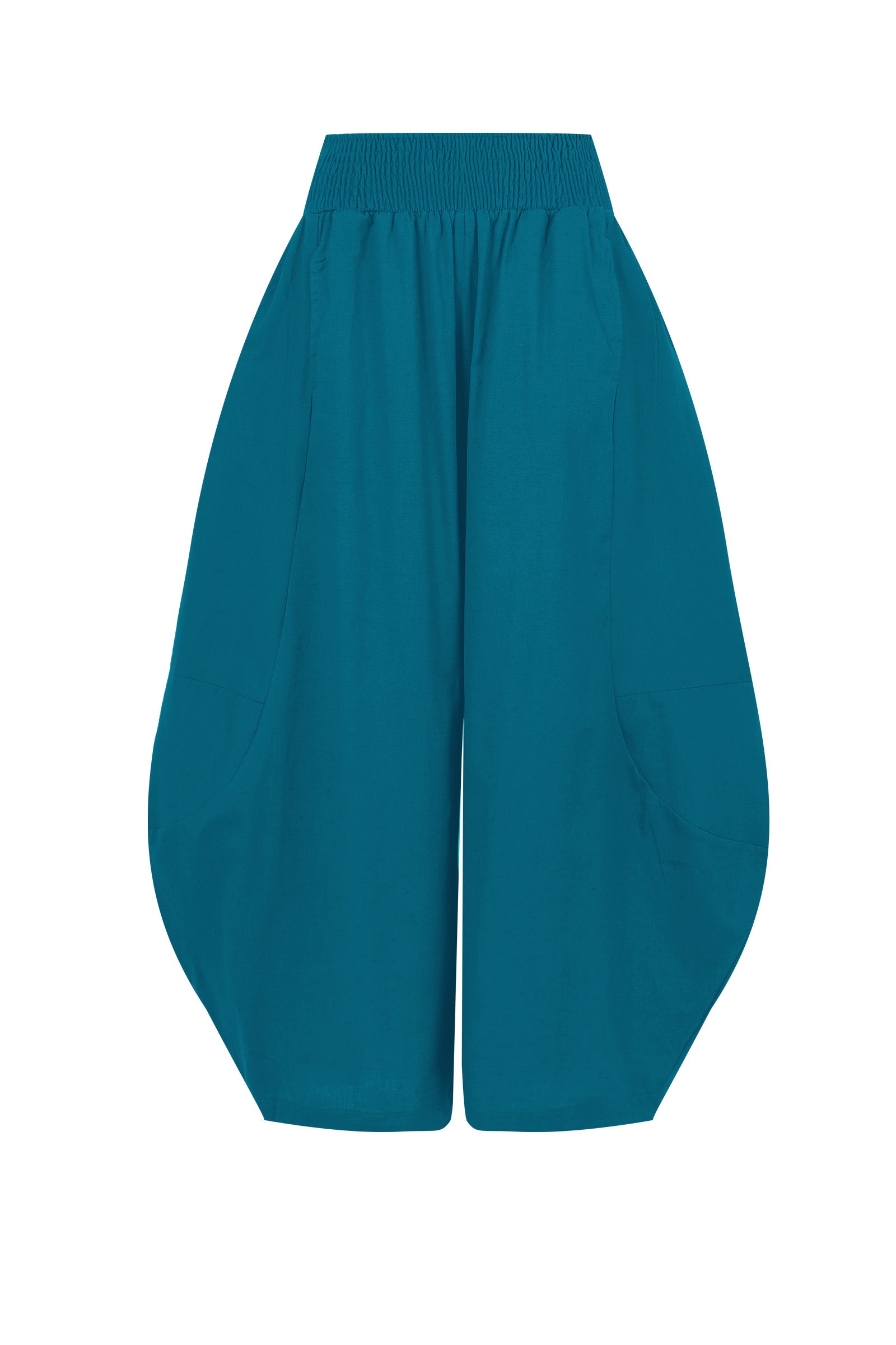 Dark teal wide-leg pants with elastic waistband, flat lay