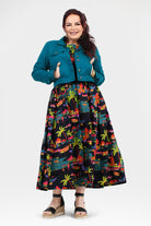 Multicolor tropical print long dress with short sleeves and flared skirt, front view