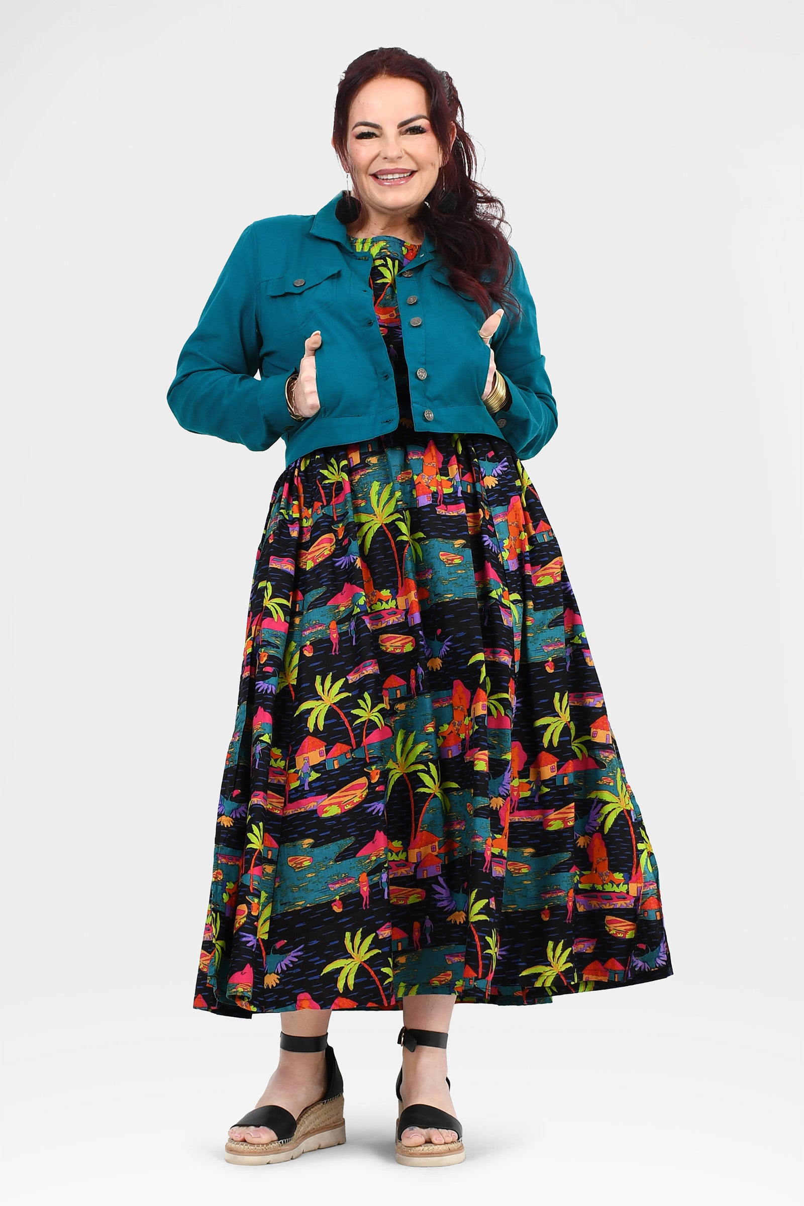 Multicolor tropical print long dress with short sleeves and flared skirt, front view