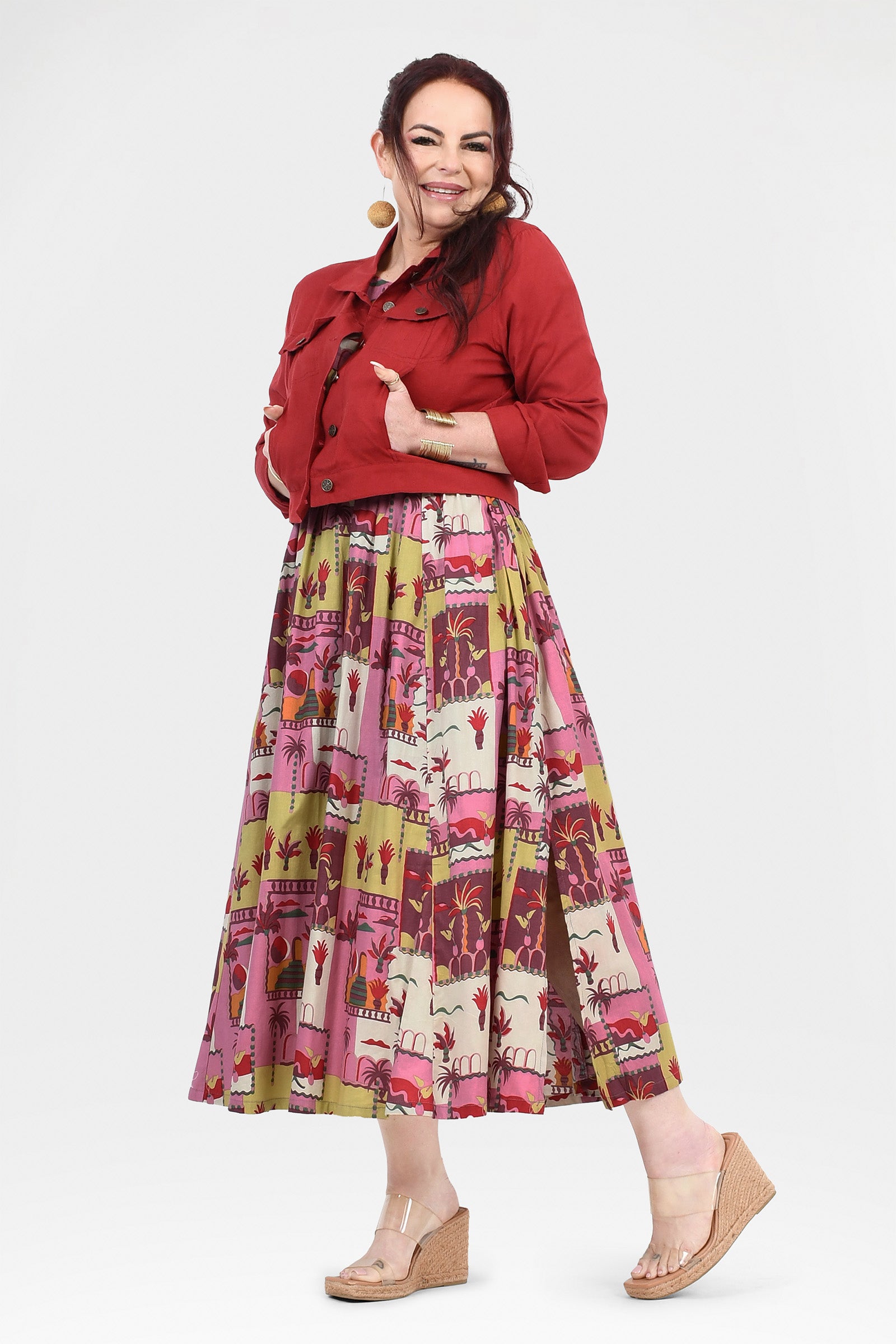 Pink long dress with colorful animal and cactus print, full length skirt with pleats