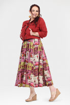 Pink long dress with colorful animal and cactus print, full length skirt with pleats