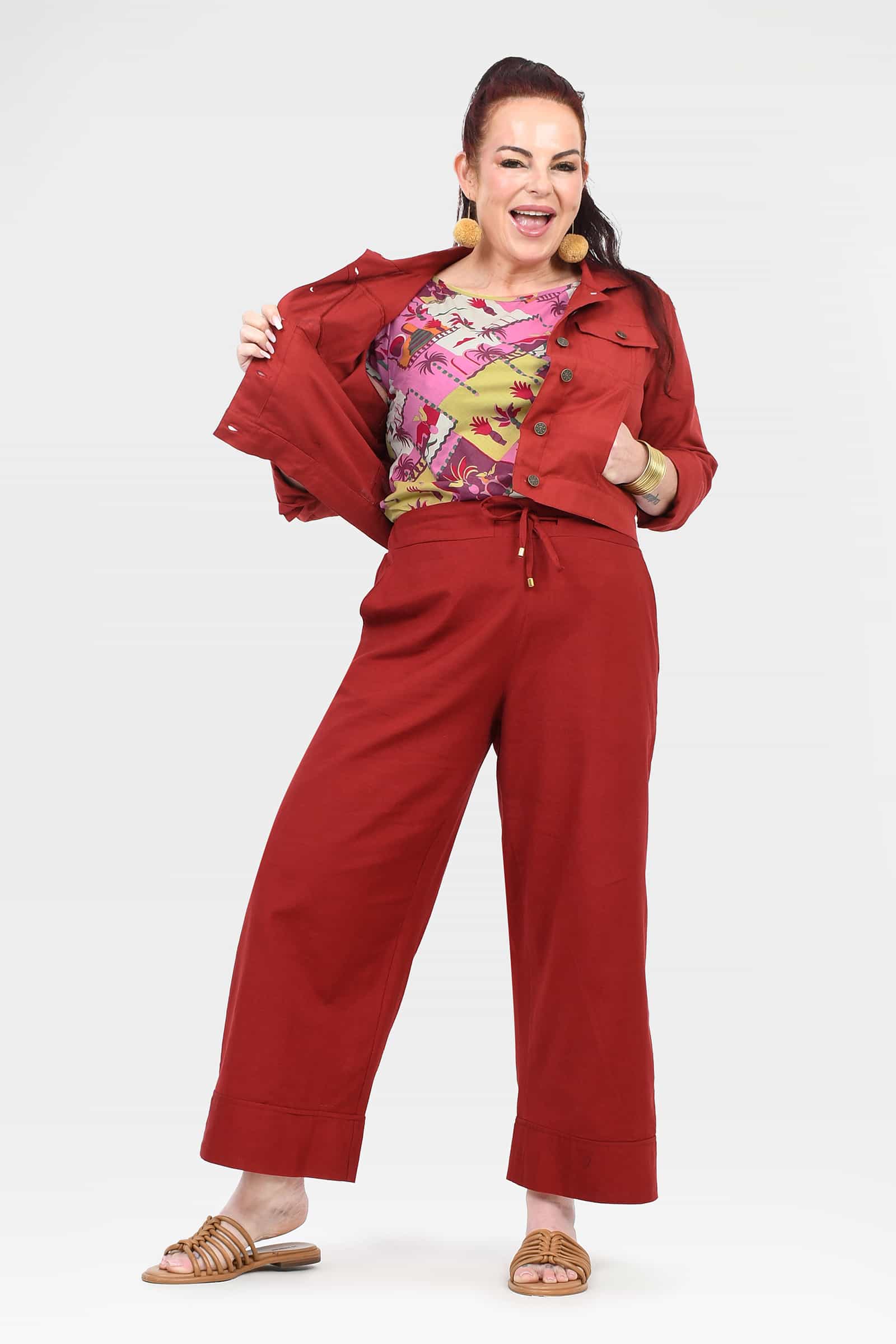 Dark red wide-leg cropped pants with drawstring waist and front pockets