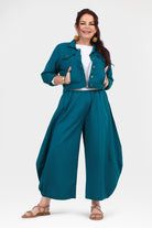 Dark teal wide-leg pants with elastic waist