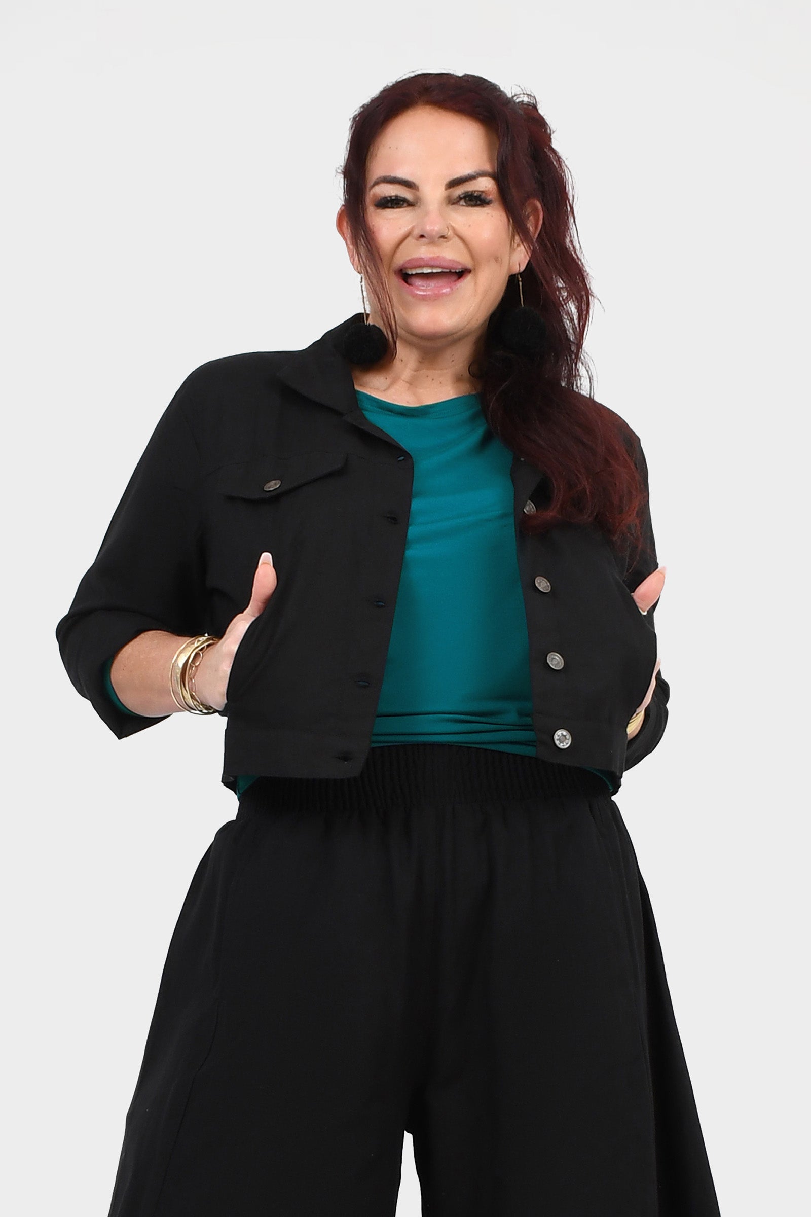Black Hendrix cropped jacket with button front, flap pockets, and structured collar