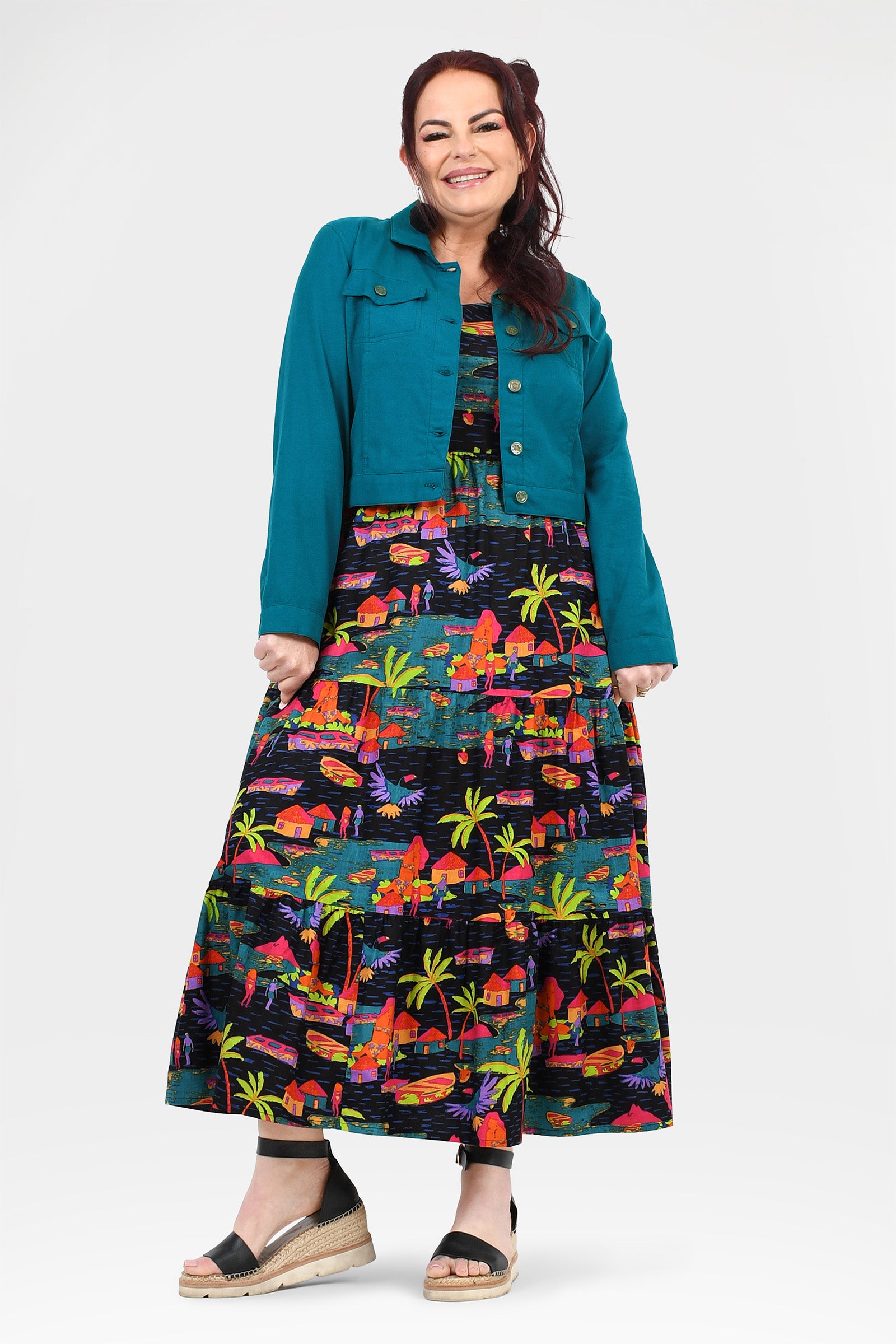 Teal maxi dress with tropical multicolor print skirt and gold-button bodice