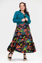 Teal button-front maxi dress with tropical multicolor print tiered skirt