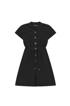 Black short-sleeve romper with button front and cinched waist